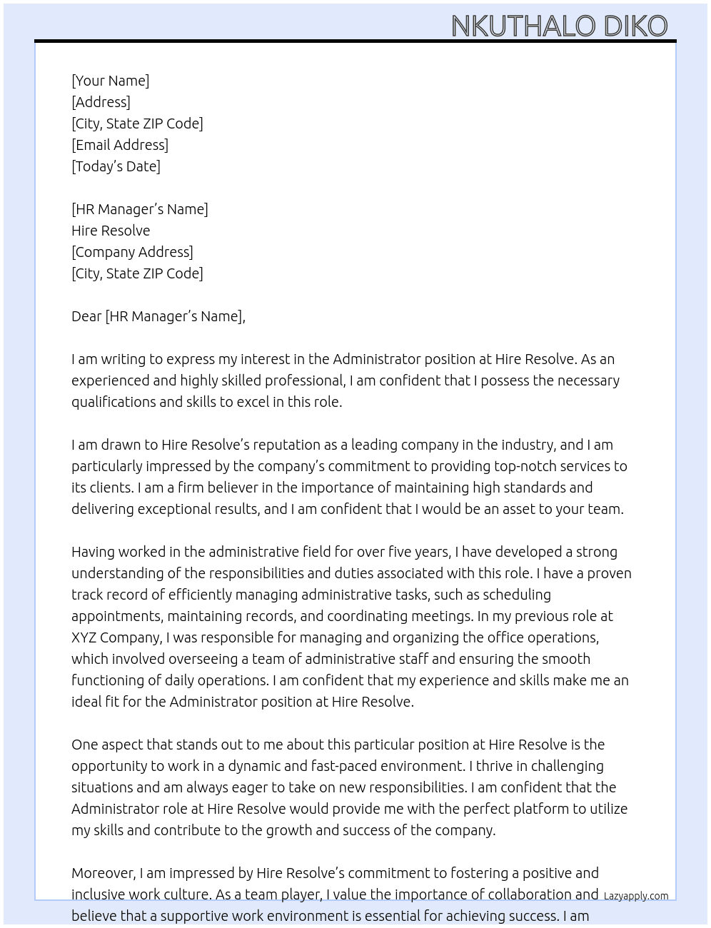 Administrator  At Hire Resolve Cover Letter