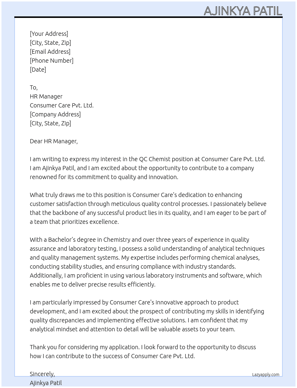 Qc chemist At Consumer care pvt.ltd Cover Letter