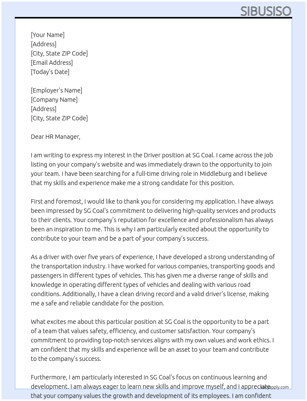 driver At sg coal Cover Letter