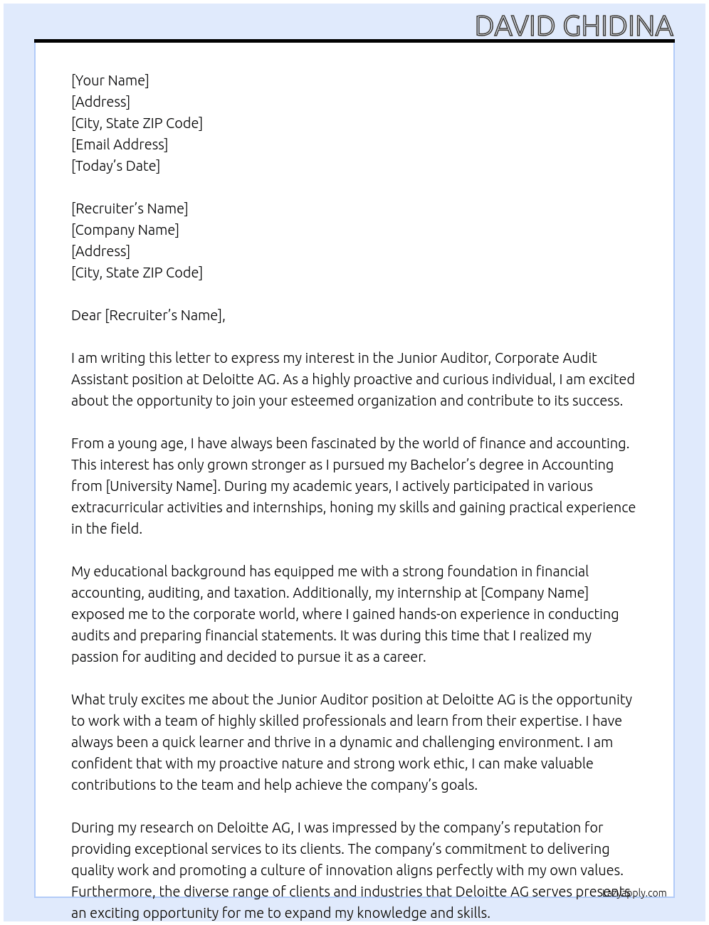 Junior Auditor, Corporate Audit Assistant  At Deloitte AG Cover Letter