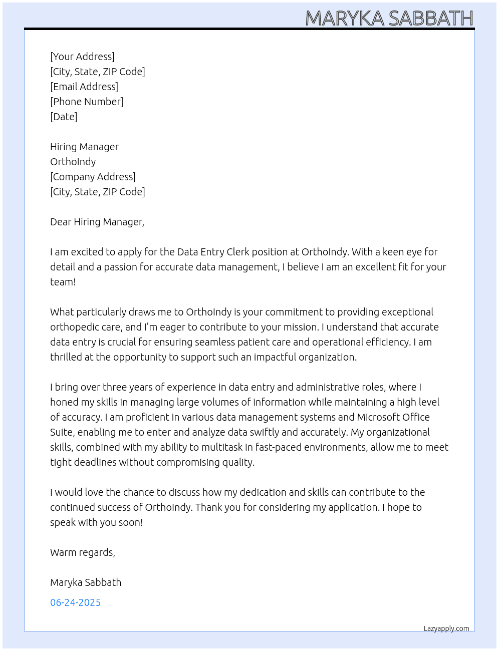 Data Entry Clerk At OrthoIndy Cover Letter