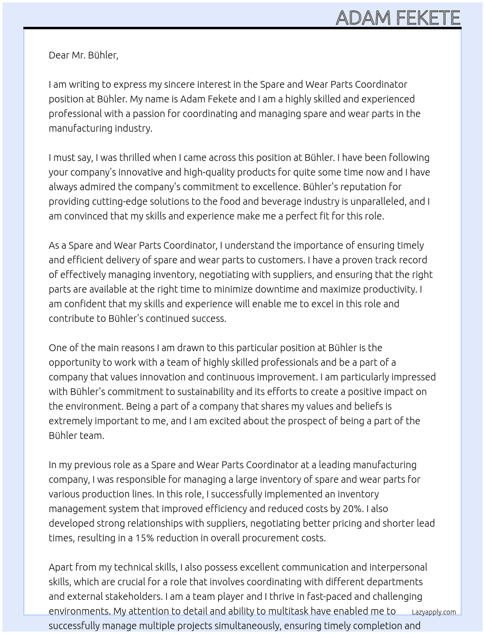 Spare and Wear Parts Coordinator At Bühler Cover Letter