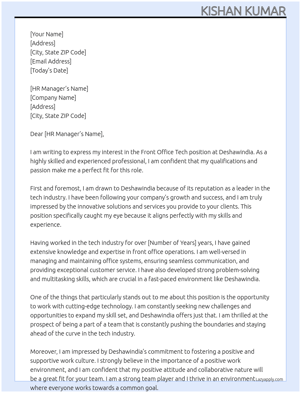 front office tech At deshawindia Cover Letter