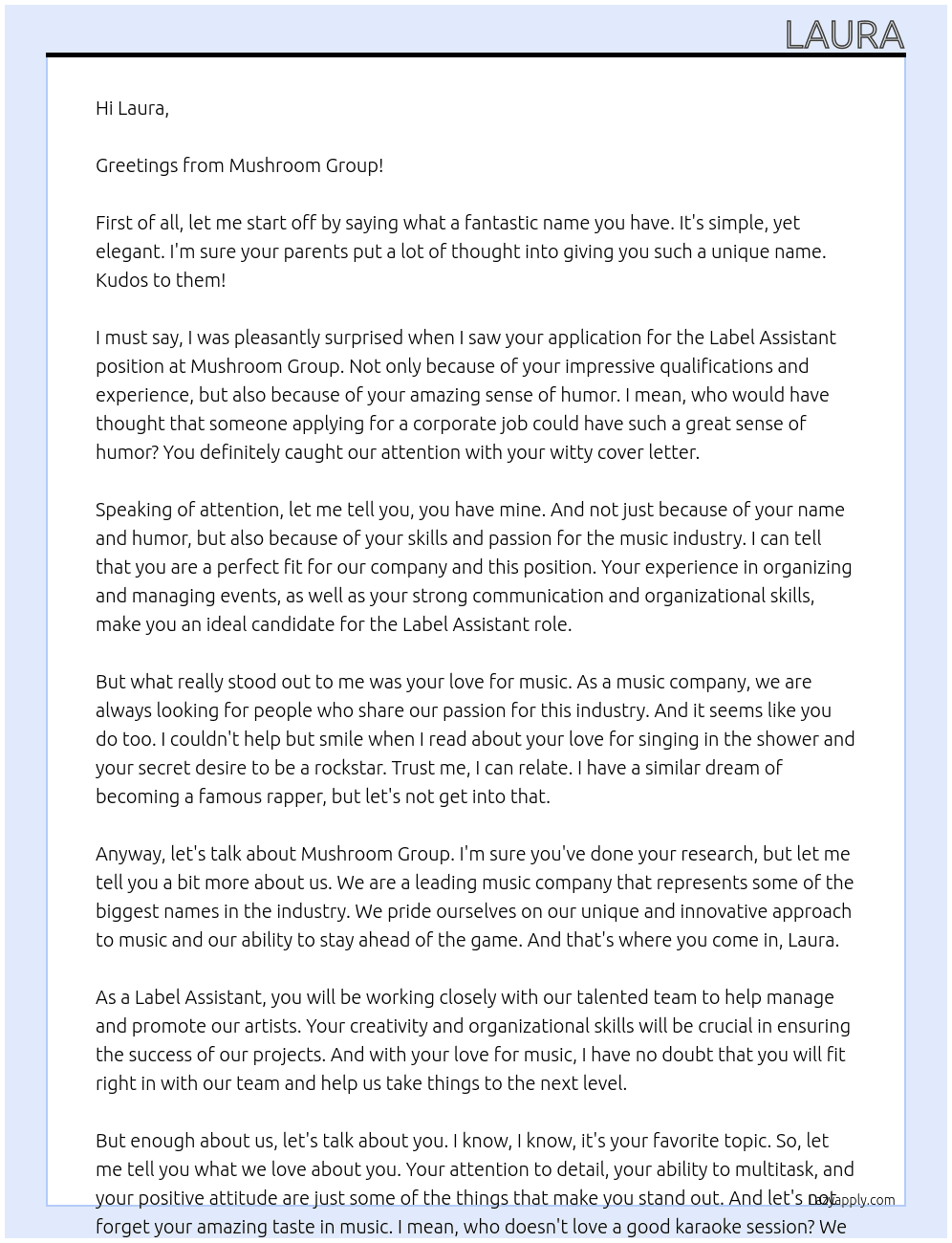Label Assistant At Mushroom Group Cover Letter