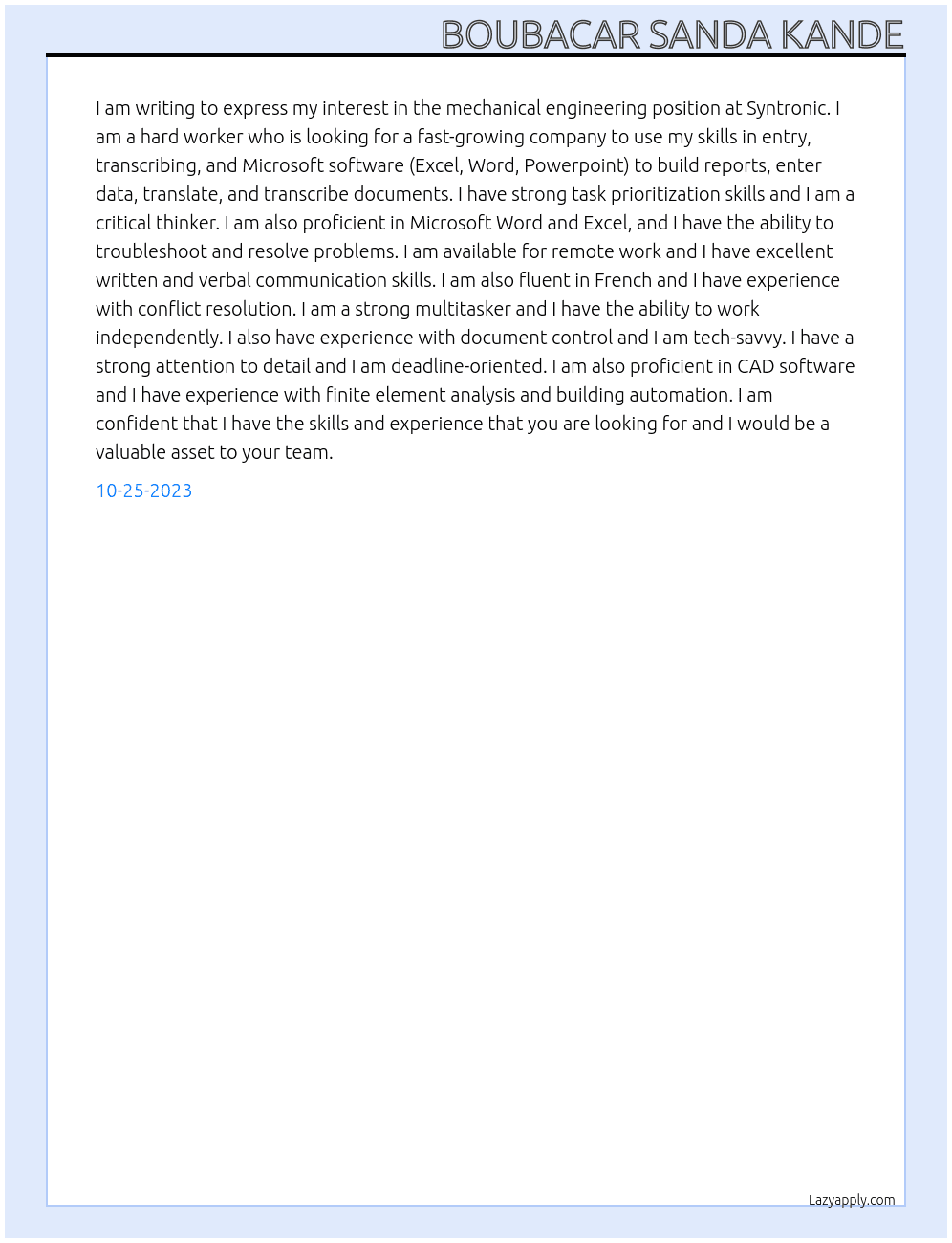 Mechanical engineering At Syntronic Cover Letter