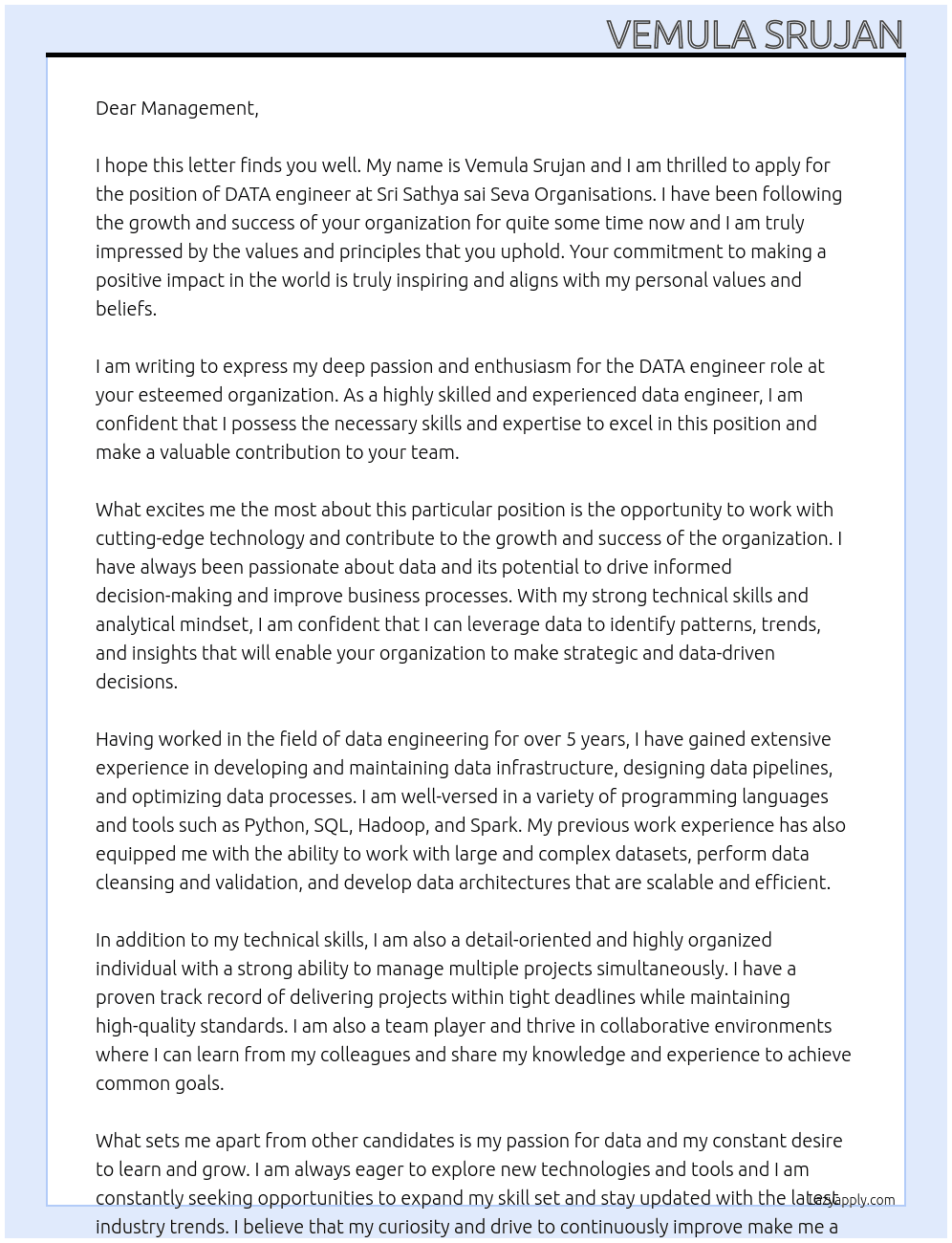 DATA engineer At Sri Sathya sai Seava Organisations Cover Letter
