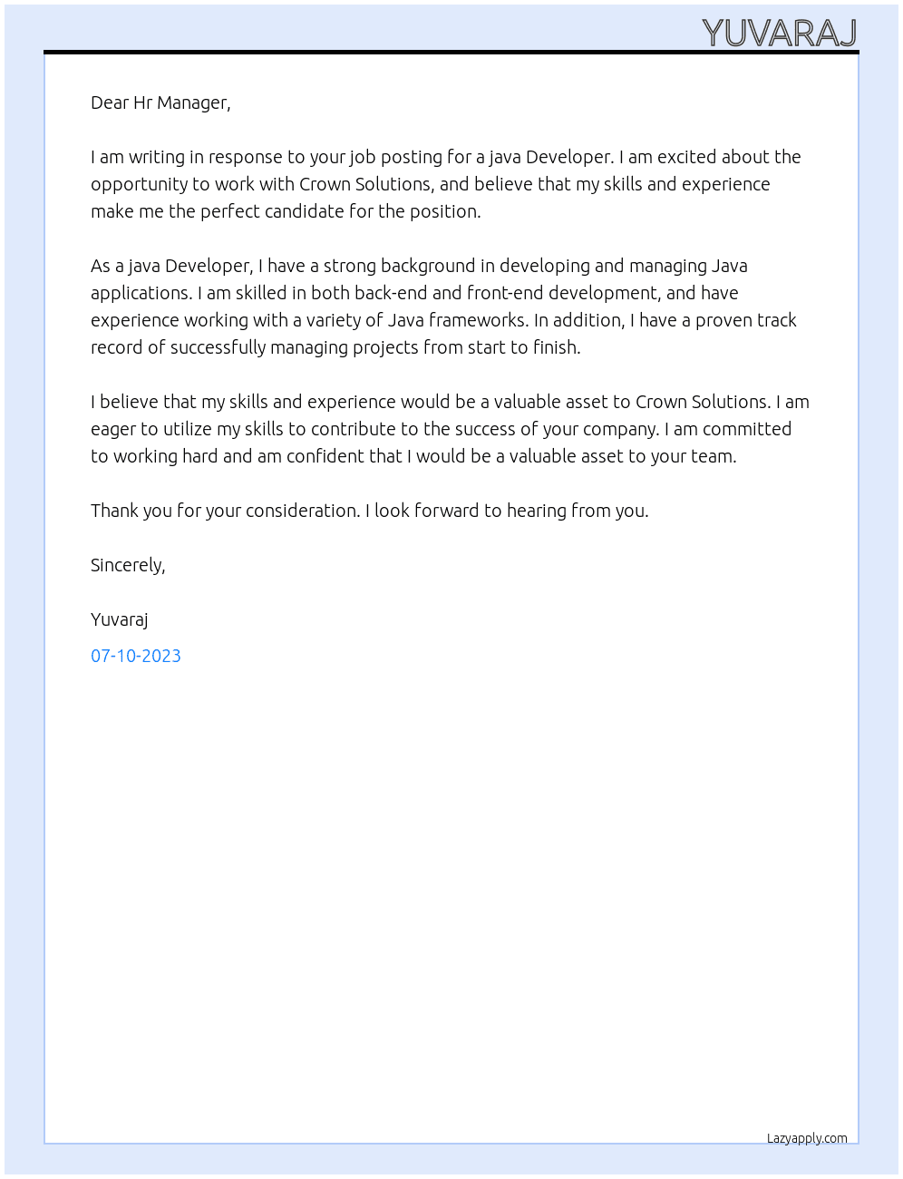 java Developer At Crown Solutions Cover Letter