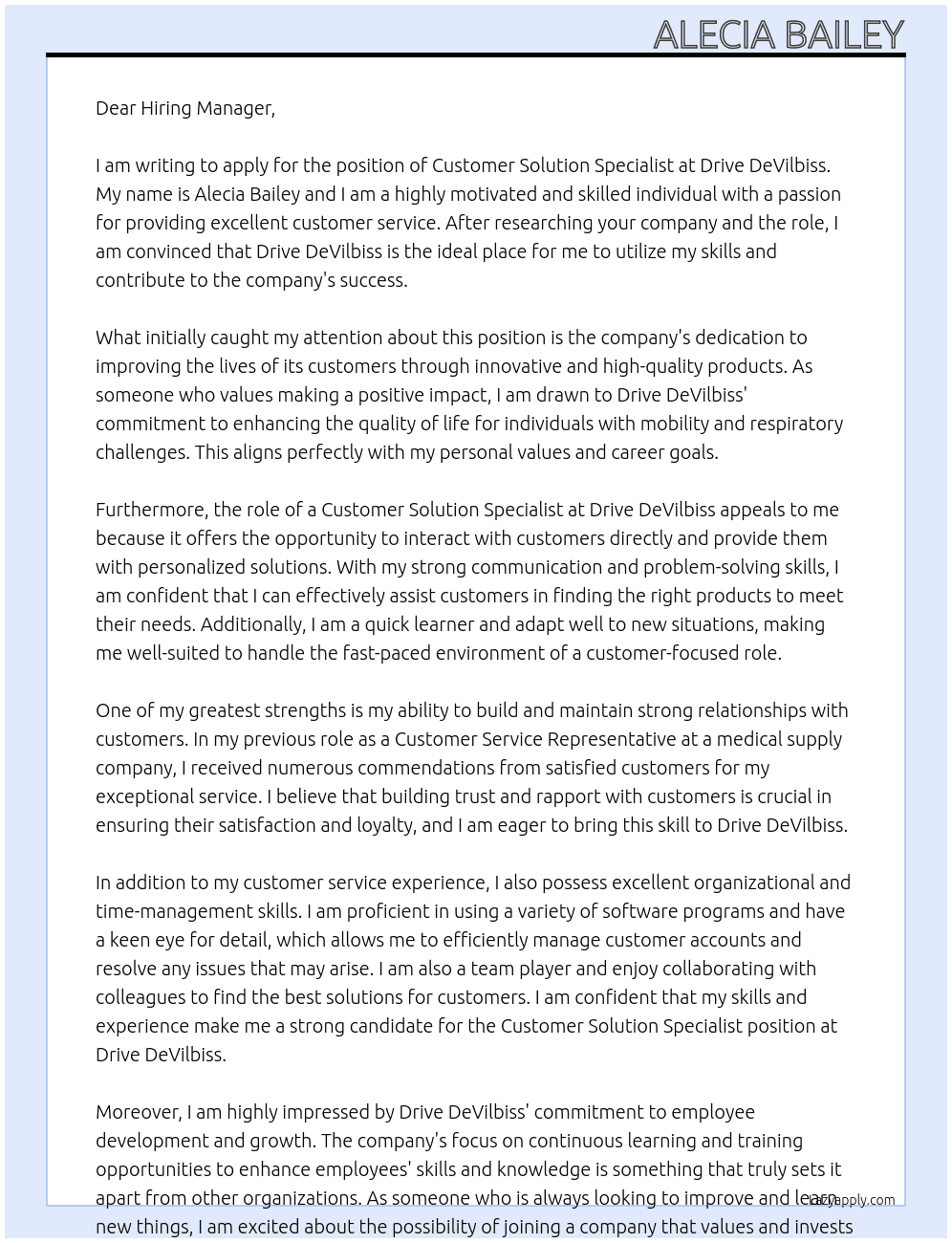Customer solution specialist  At Drive DeVilbiss Cover Letter