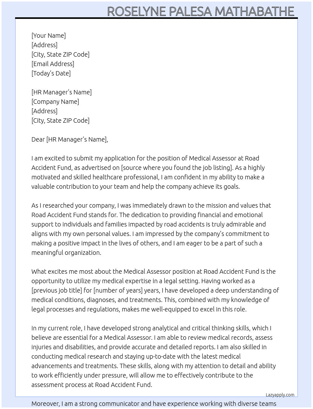 Medical Assessor At Road Accident Fund Cover Letter