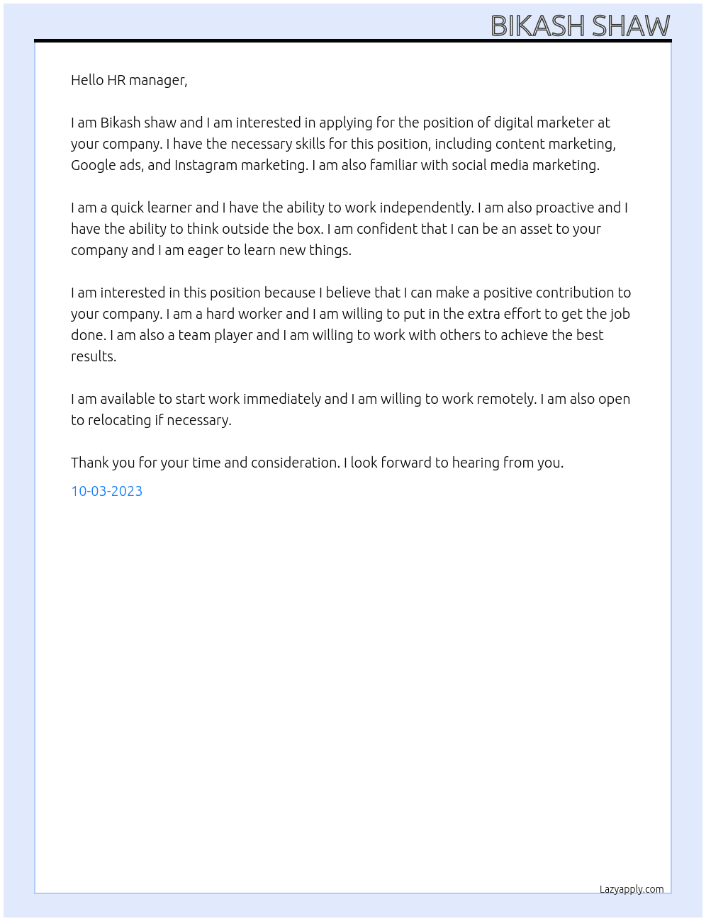digital marketer At Your company  Cover Letter