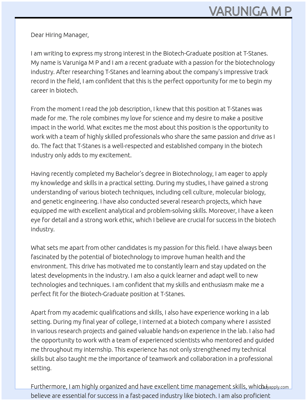 Biotech-Graduate At T-Stanes Cover Letter