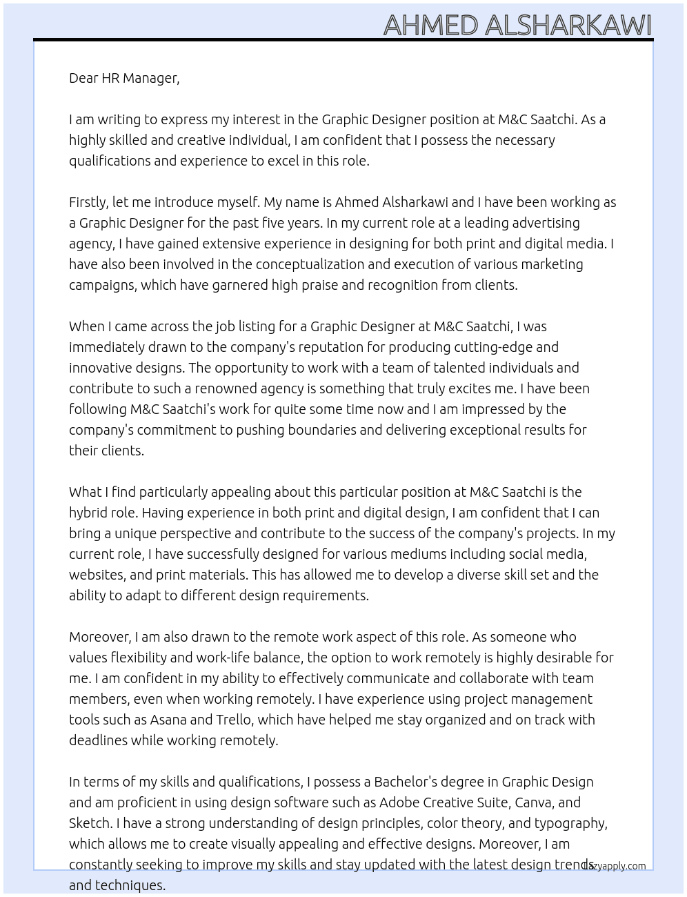 Graphic Designer At M&C Saatchi Cover Letter