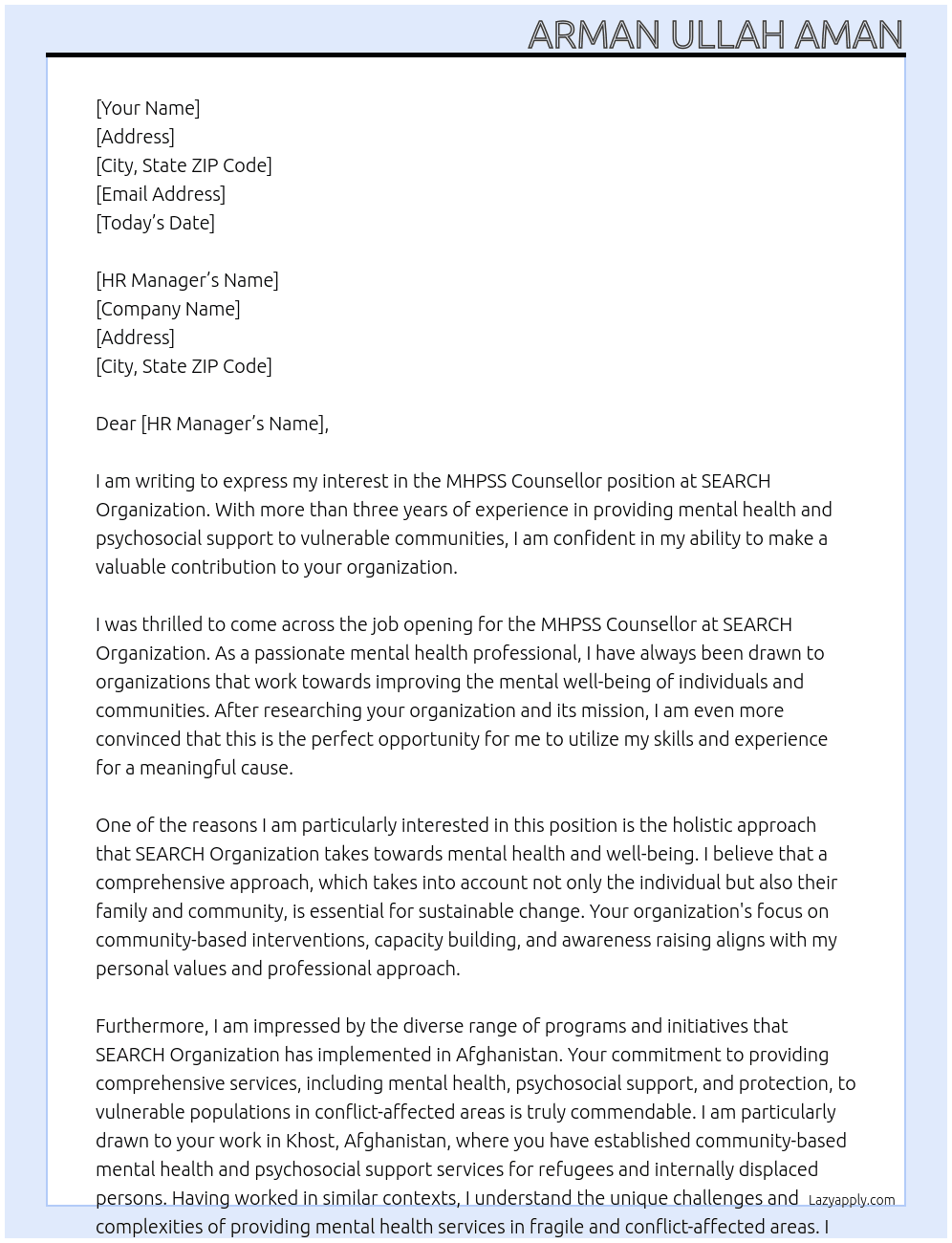 MHPSS Counsellor At SEARCH Organization Cover Letter