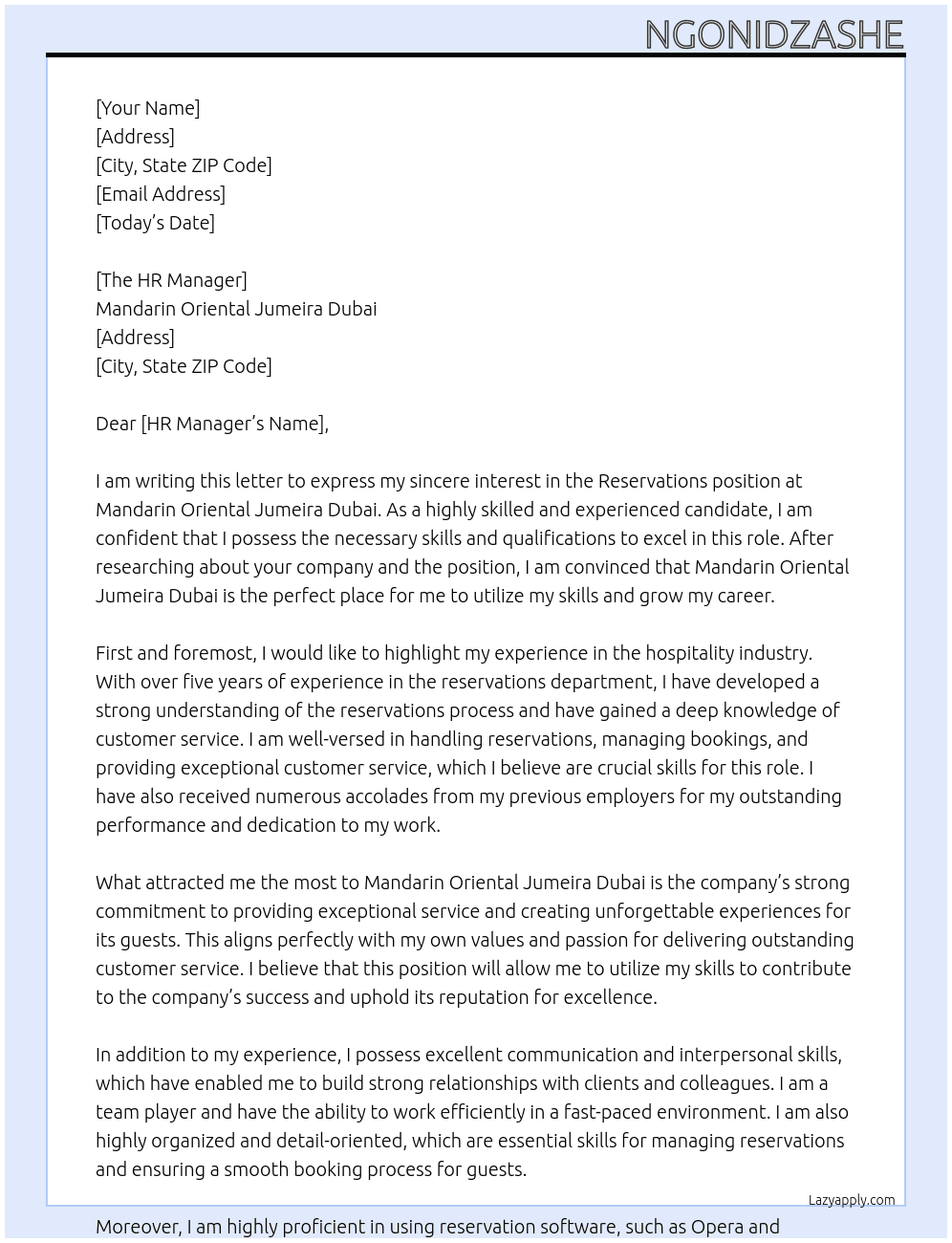 Reservations At Mandarian Oriental Jumeira Dubai Cover Letter