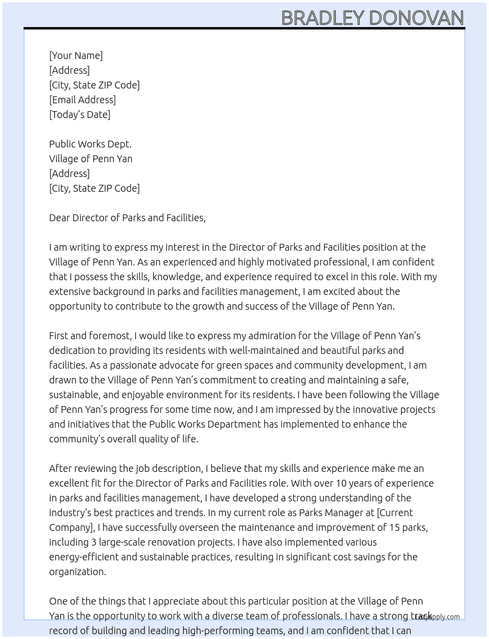 Director of Parks and Facilities At Village of Penn Yan Cover Letter