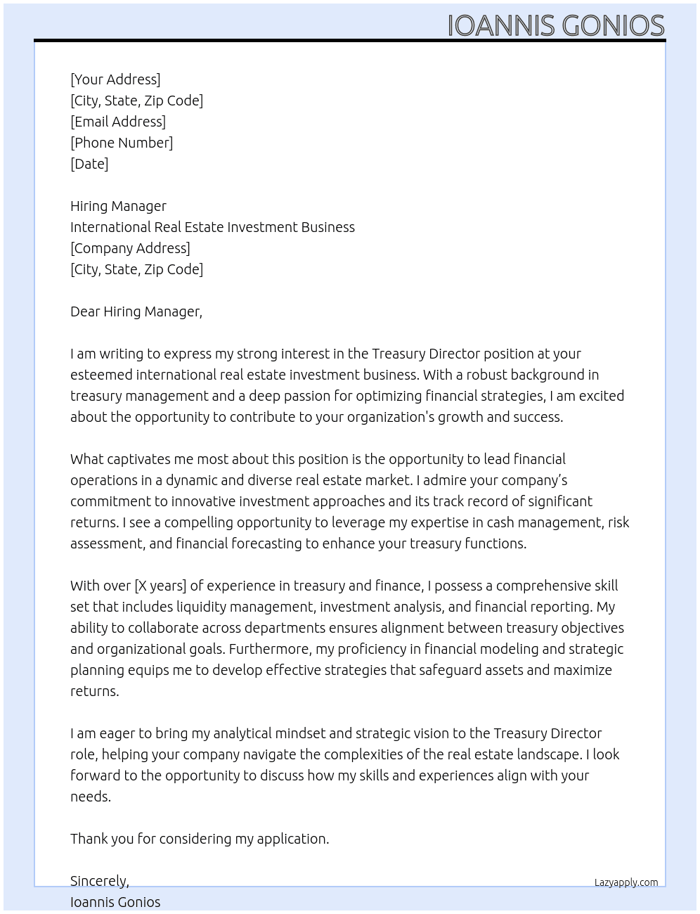 Cover letter for treasury director - LazyApply
