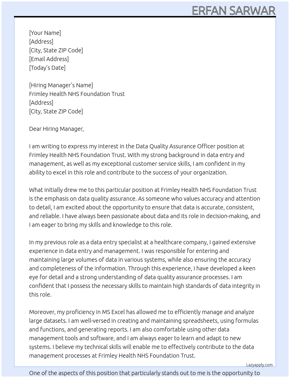 Data Quality Assurance Officer At Frimley Health NHS Foundation Trust Cover Letter