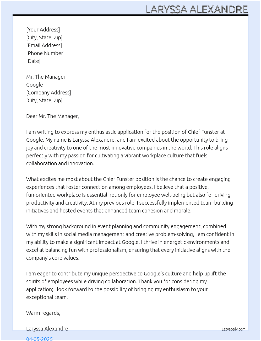 Cover letter for a chief funster - LazyApply