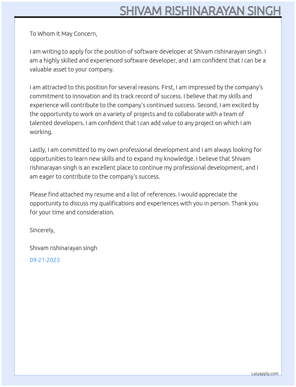 software developer At Shivam rishinarayan singh Cover Letter