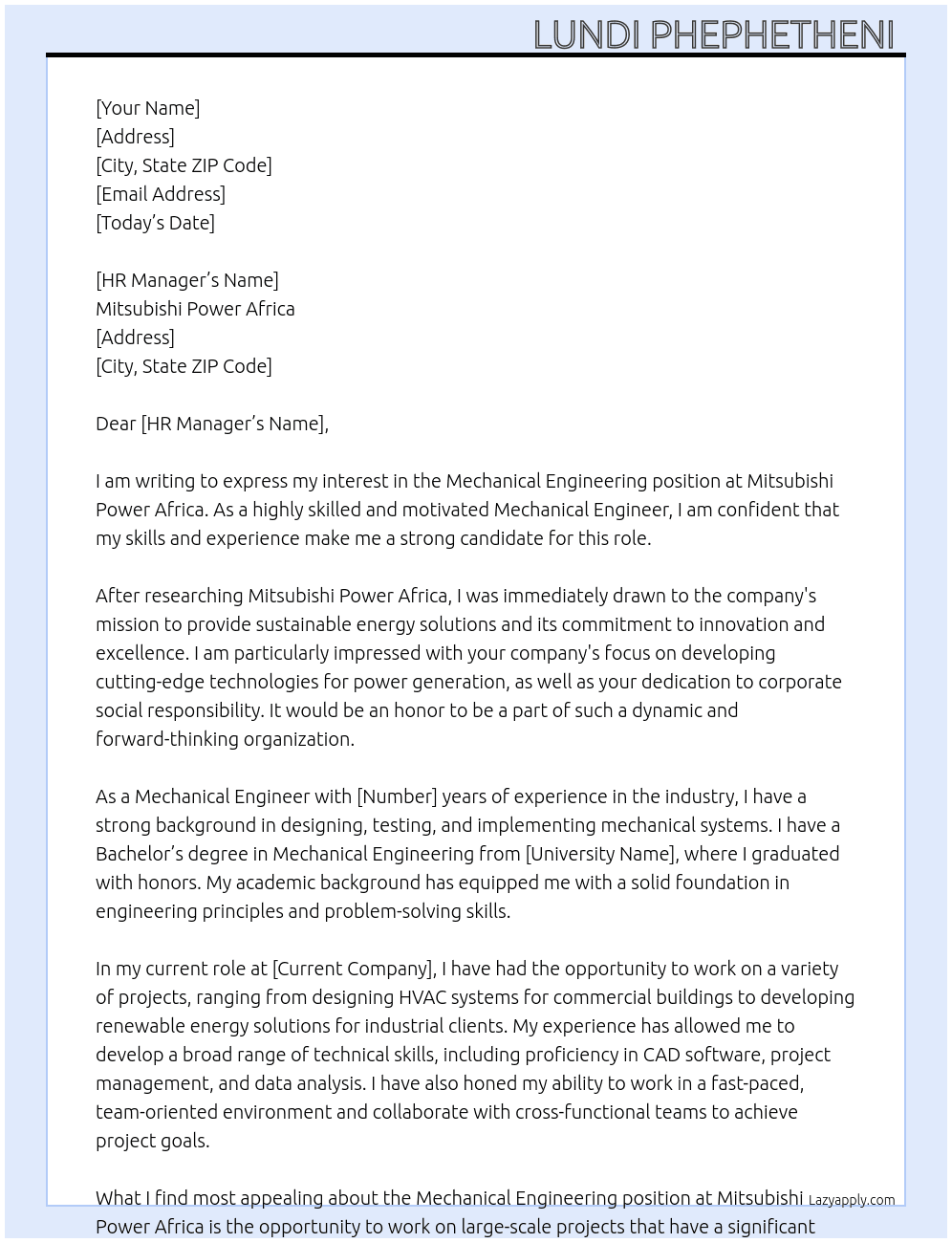 Mechanical Engineering At Mitsubishi Power Africa Cover Letter
