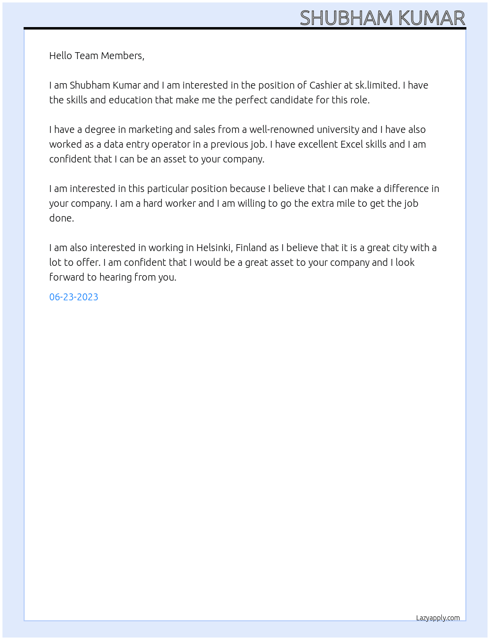 Cashier  At Sk.limited Cover Letter