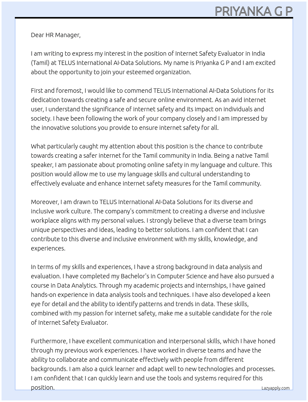 Internet Safety Evaluator In India (Tamil) At TELUS International AI-Data Solutions  Cover Letter