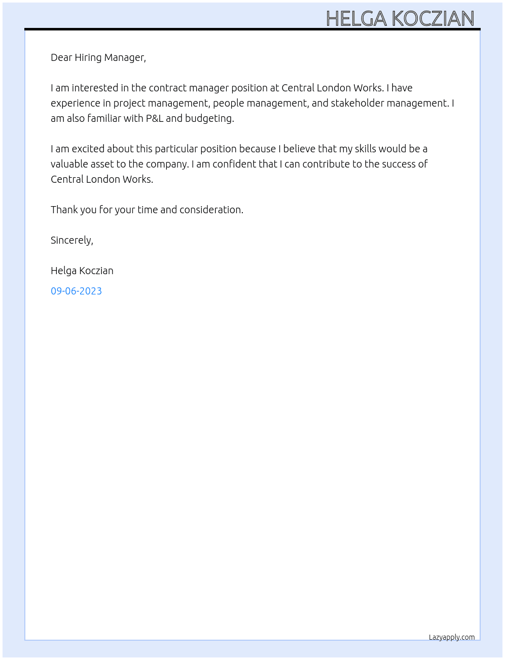 Contract manger At Central London Works Cover Letter