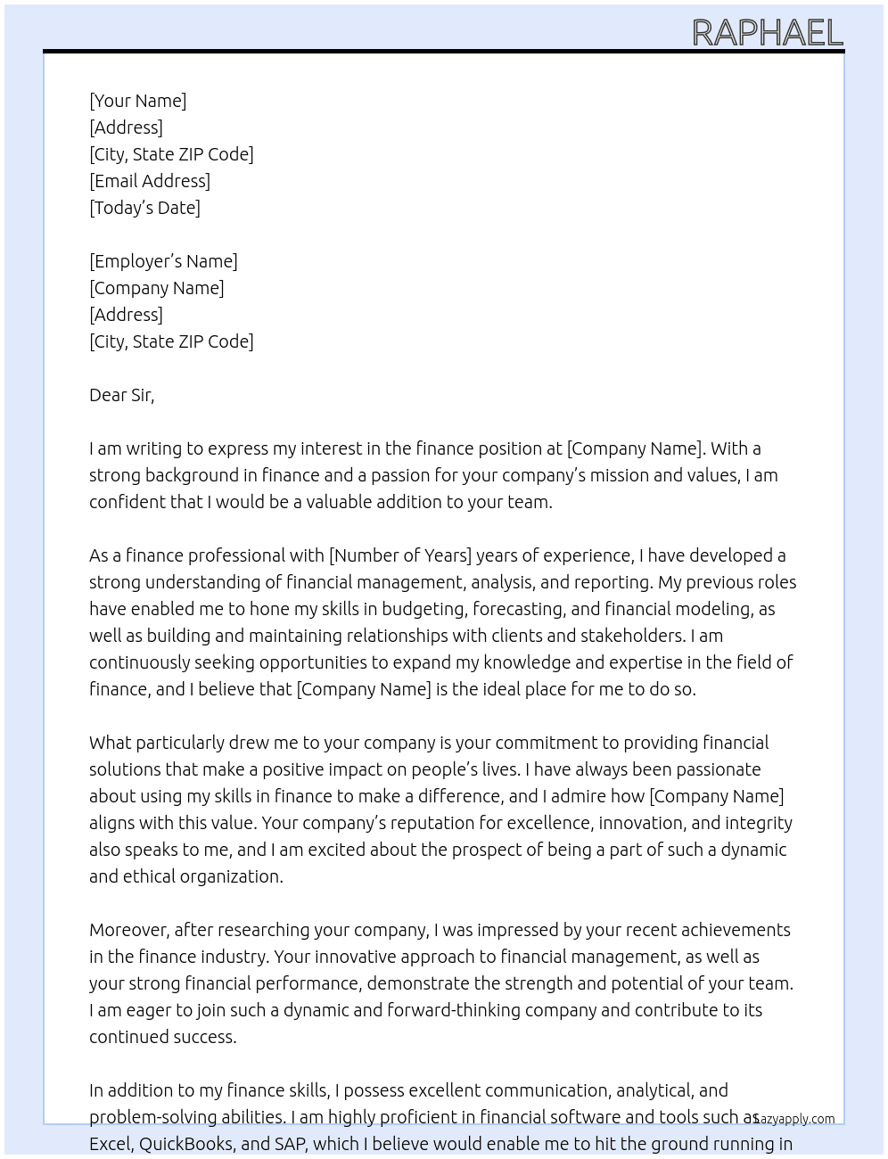 finance At finance Cover Letter