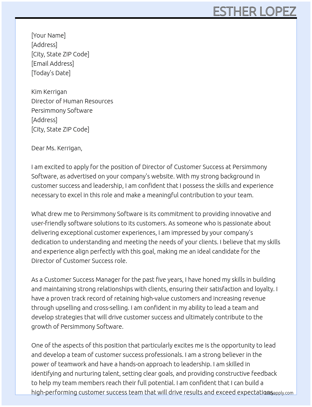 Director of Customer Success At Persimmony Software Cover Letter