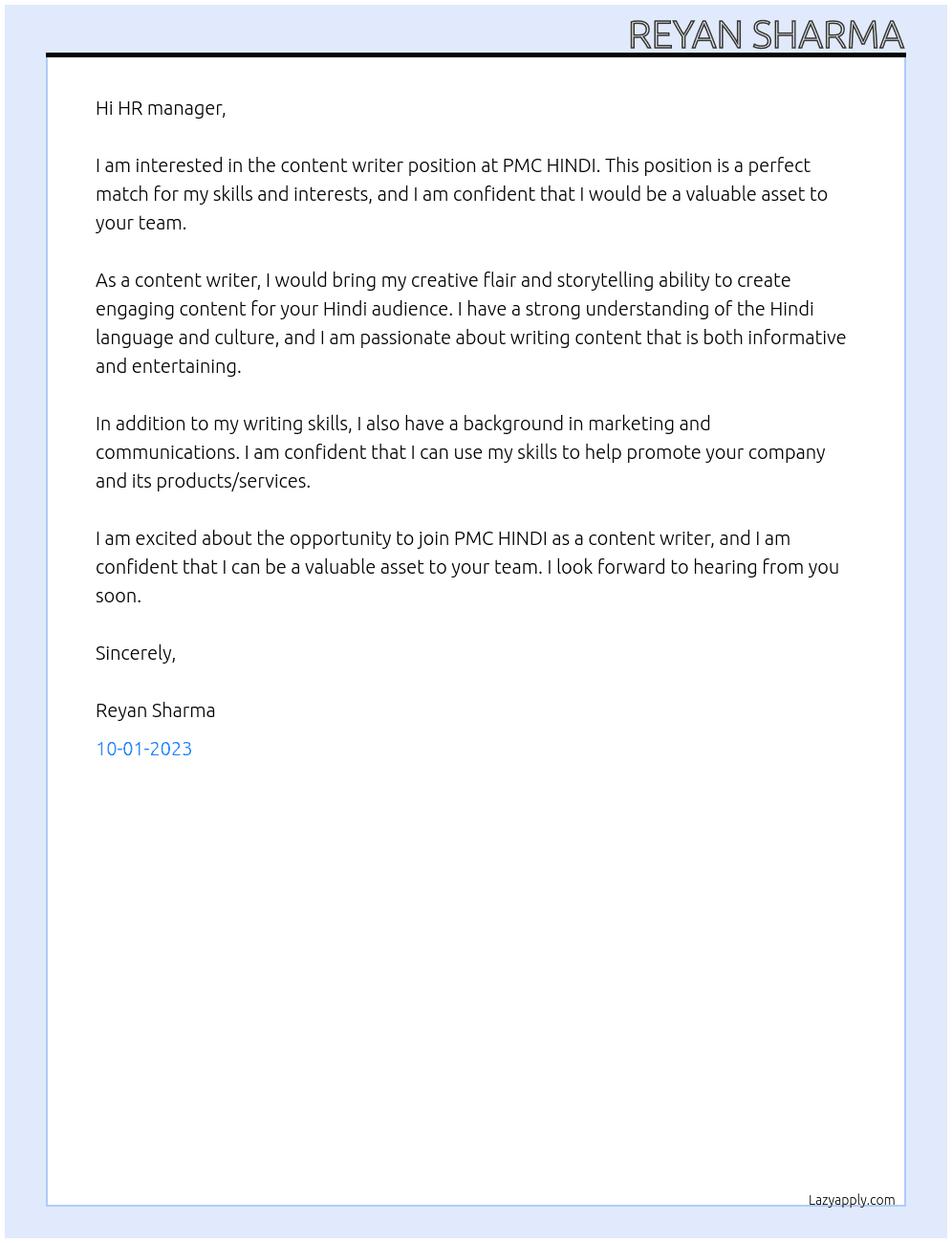 content writer  At PMC HINDI Cover Letter