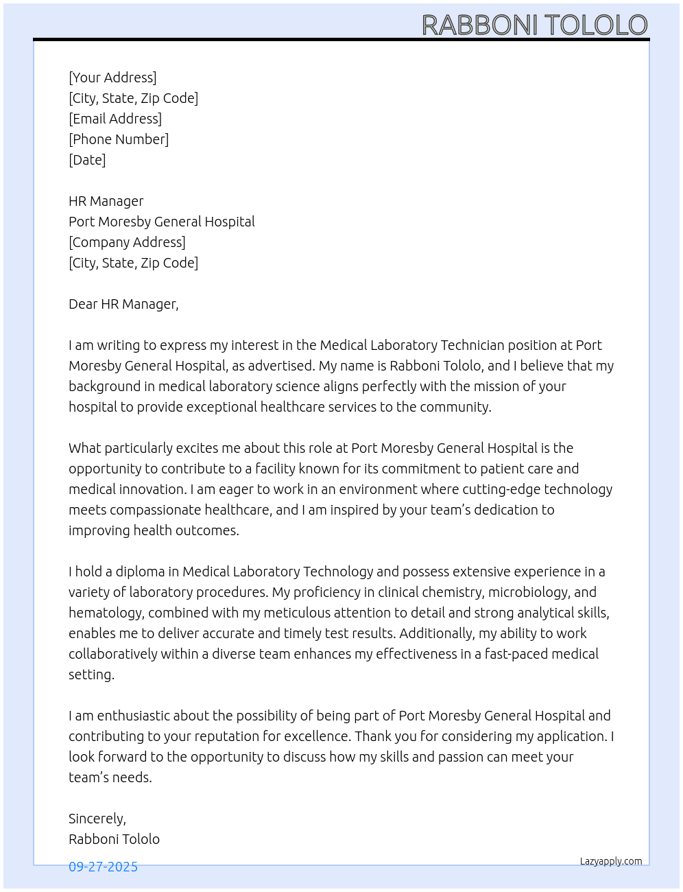 Medical Laboratory Technician At Port Moresby General Hospital Cover Letter