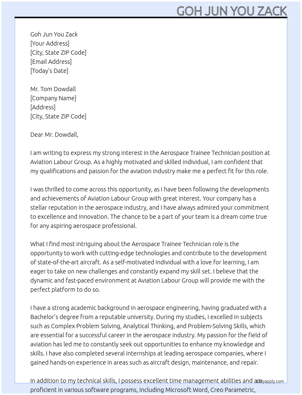 Aerospace trainee technician At Aviation Labour Group Cover Letter