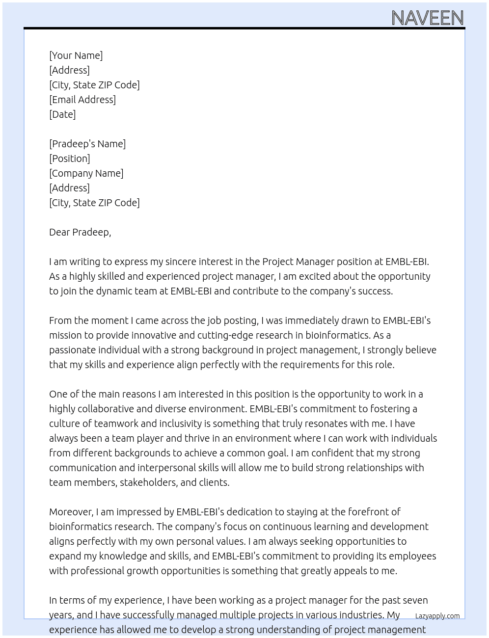 Project manager At EMBL-EBI Cover Letter