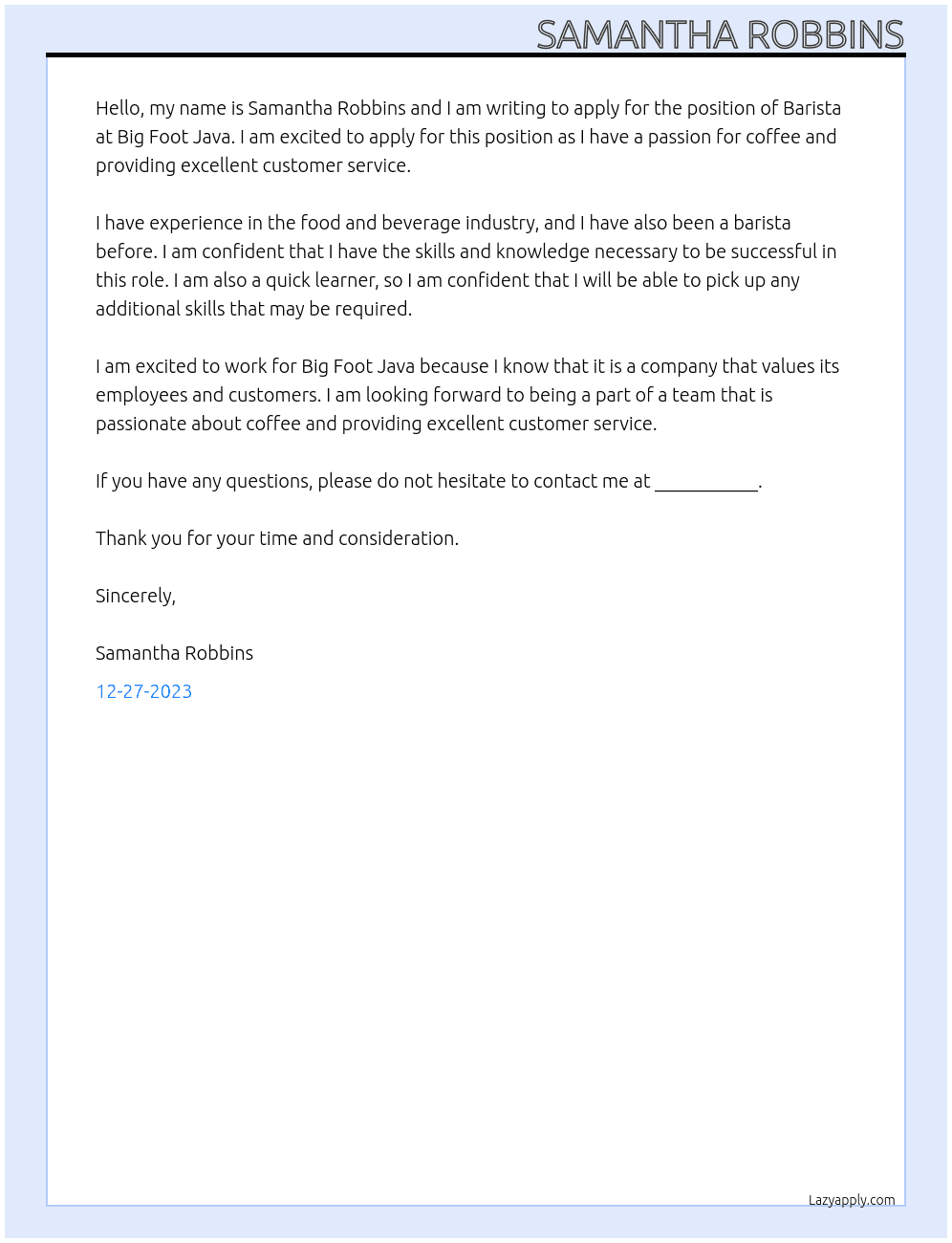 Barista At Big Foot Java Cover Letter