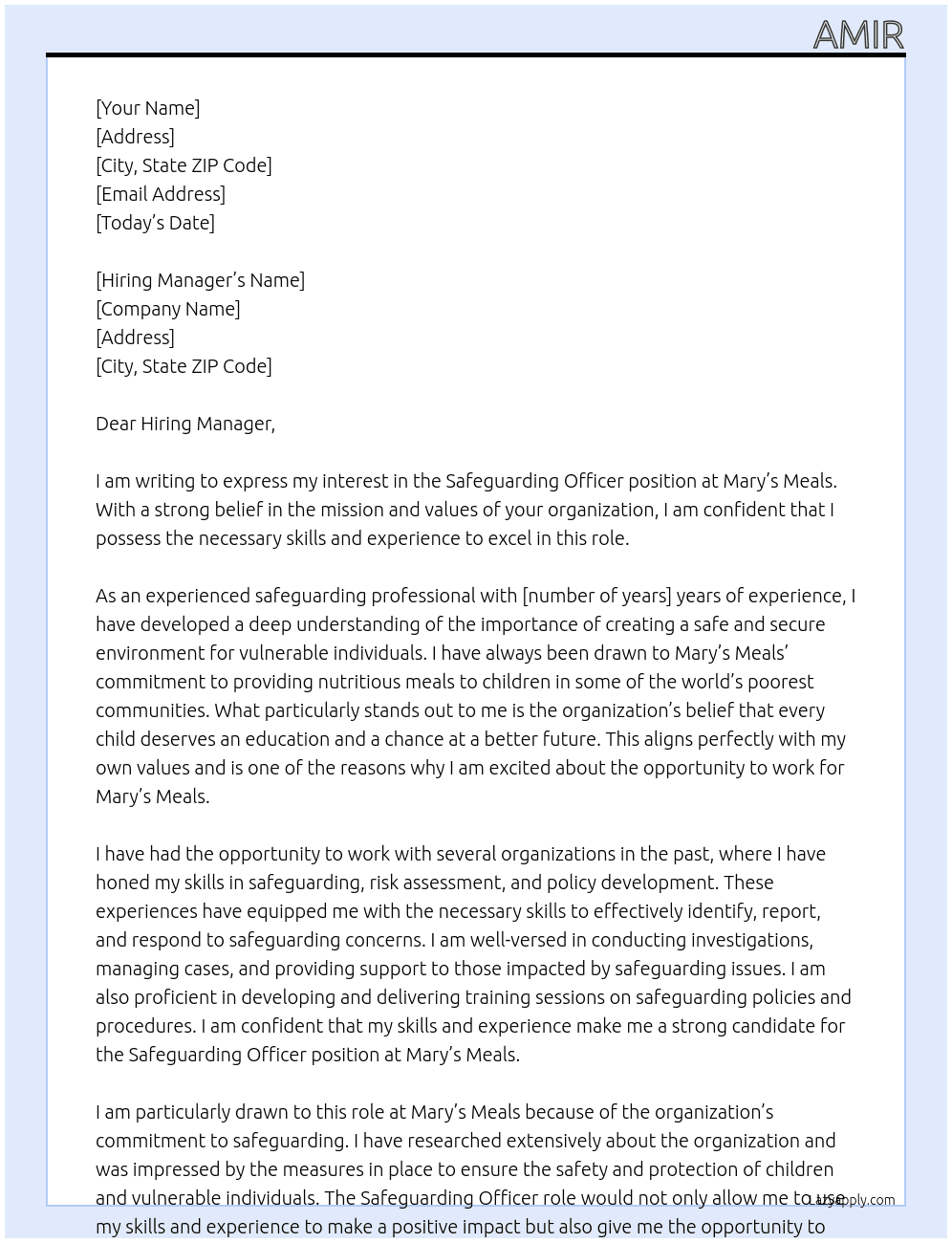 Safeguarding officer  At Mary's Meals  Cover Letter