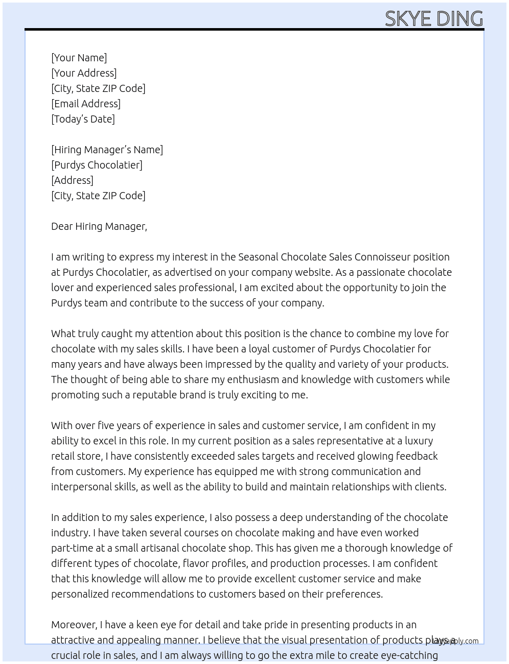 seasonal chocolate sales connoisseur At Purdys Chocolatier Cover Letter