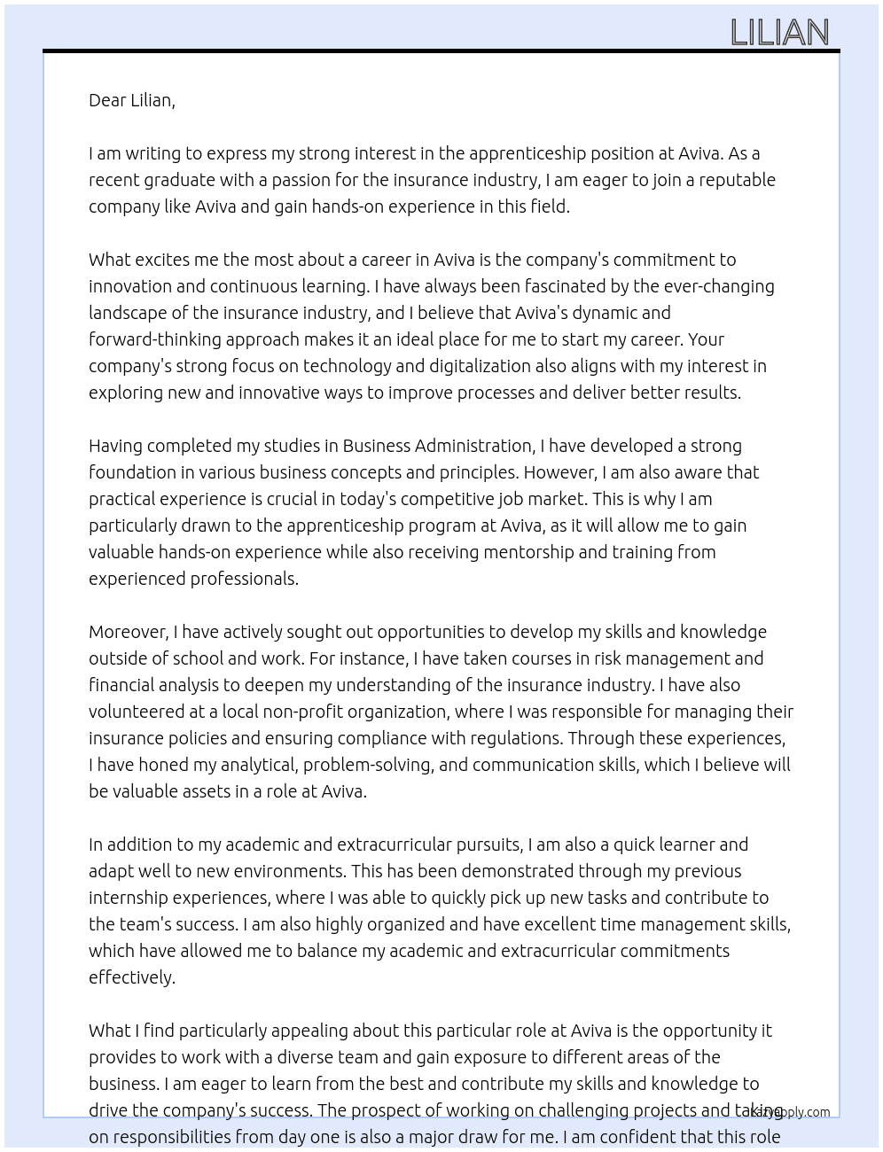 apprenticeship At Lilian  Cover Letter