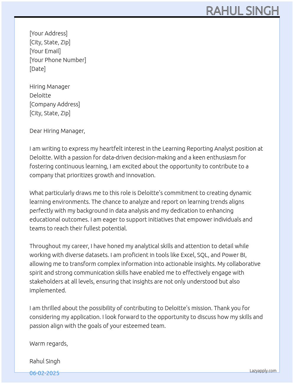 Cover letter for learning reporting analyst - LazyApply