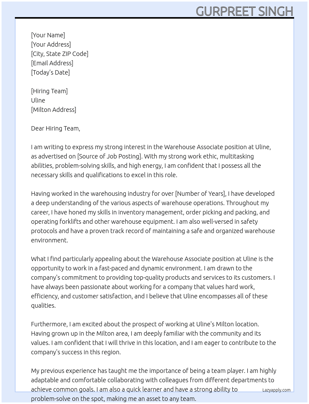 Warehouse associate At Uline Cover Letter