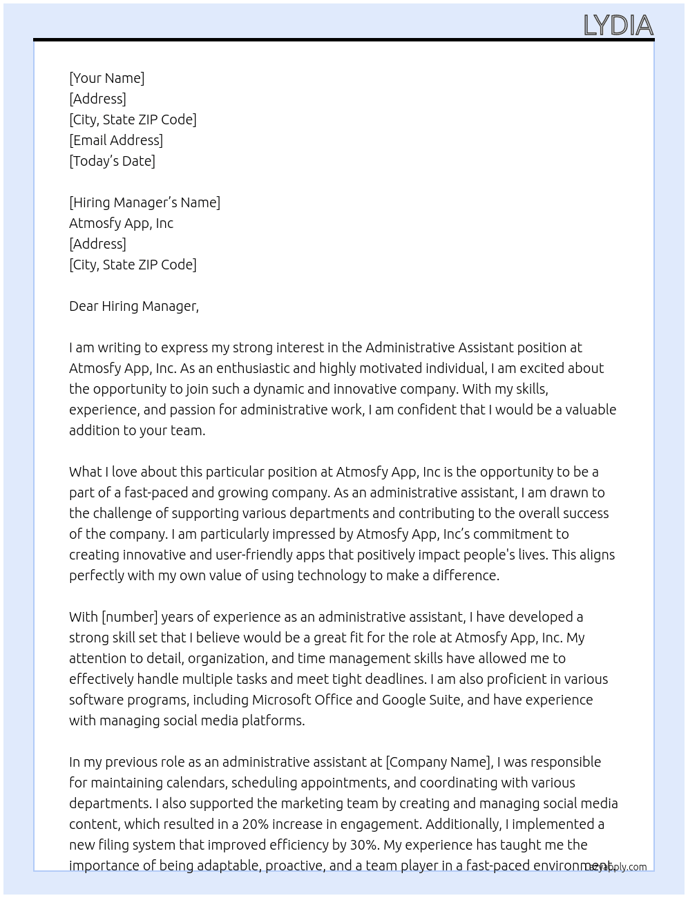 Administrative Assistant At Atmosfy App, Inc Cover Letter
