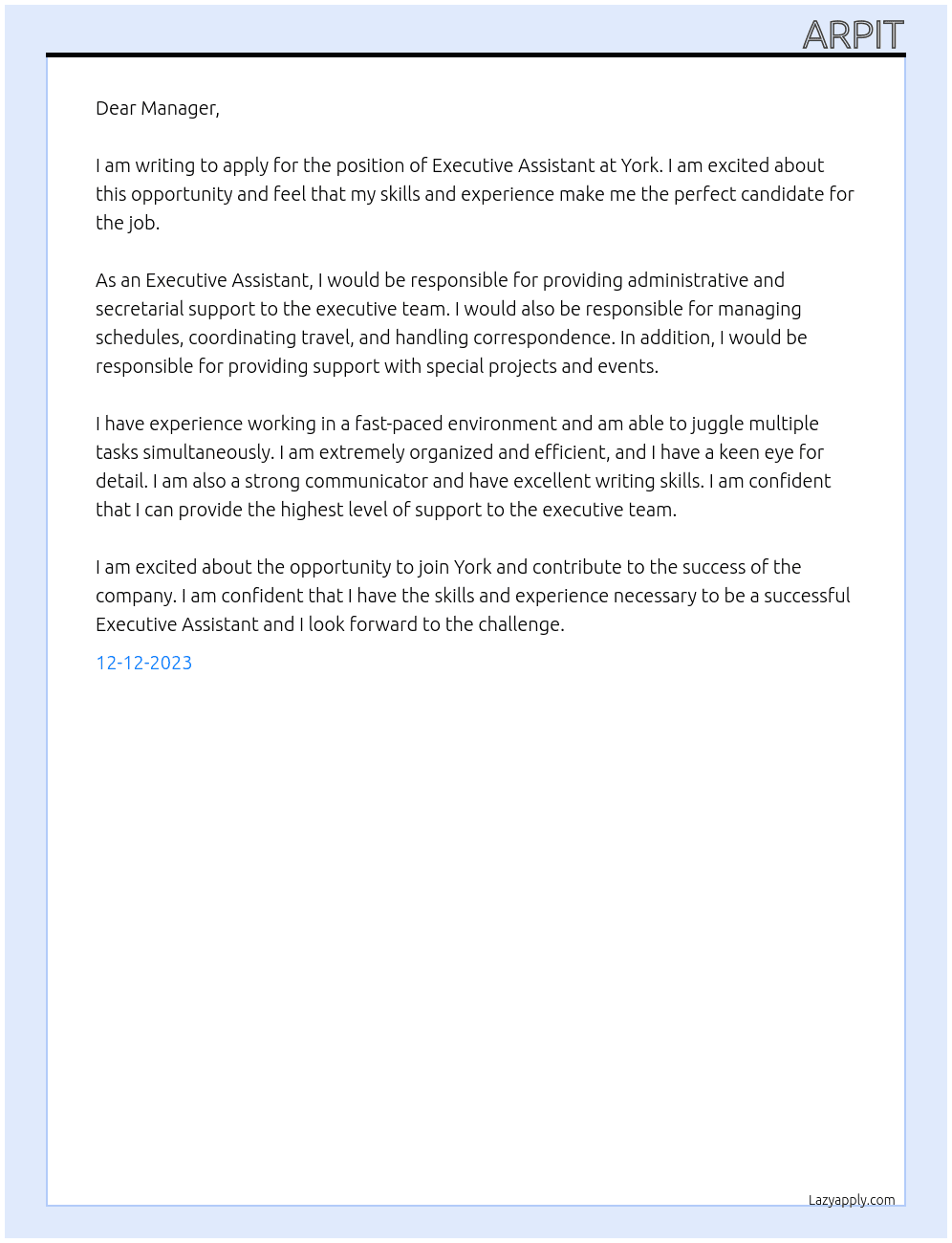 Executive Assitant At York Cover Letter