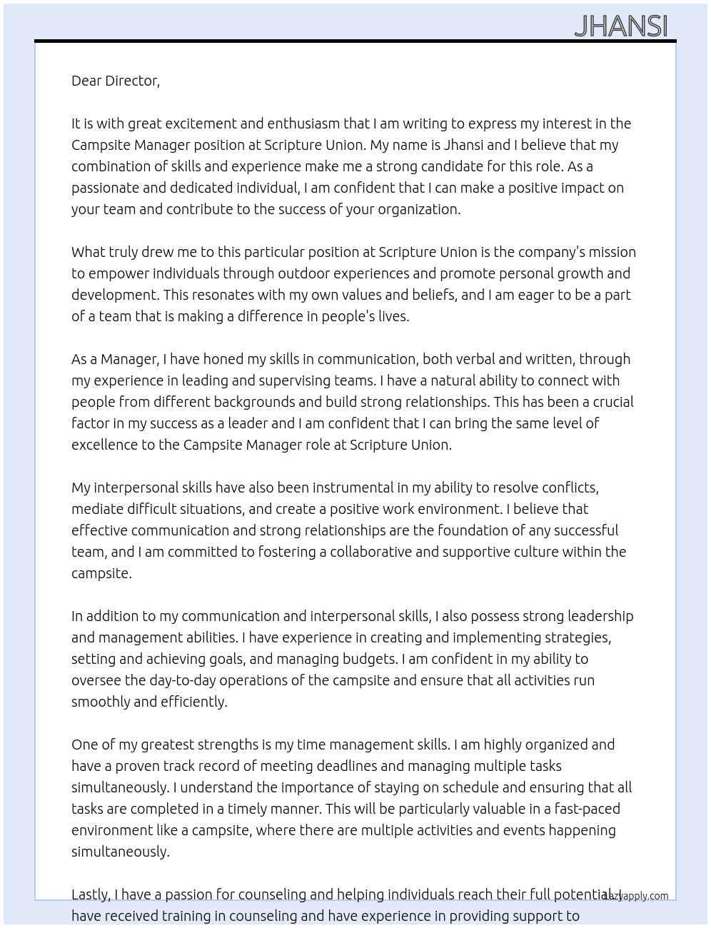 Campsite manager  At Scripture union  Cover Letter