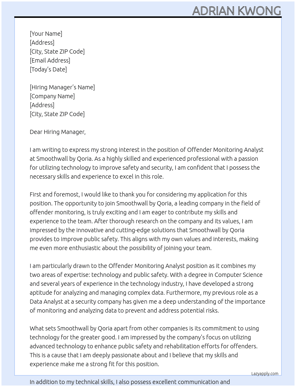 Offender Monitoring Analyst At Smoothwall by Qoria Cover Letter
