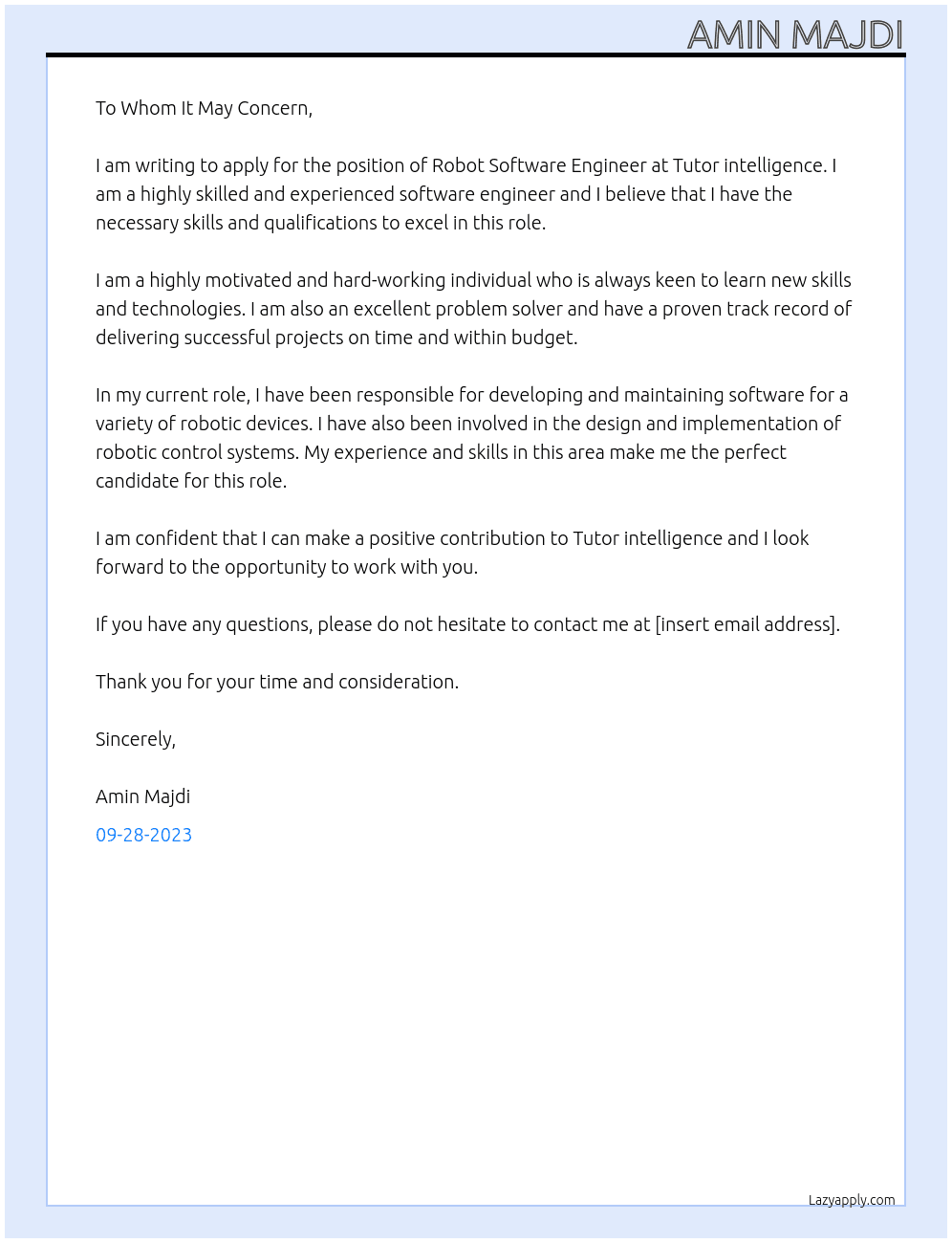 Robot Software Engineer At Tutor intelligence Cover Letter