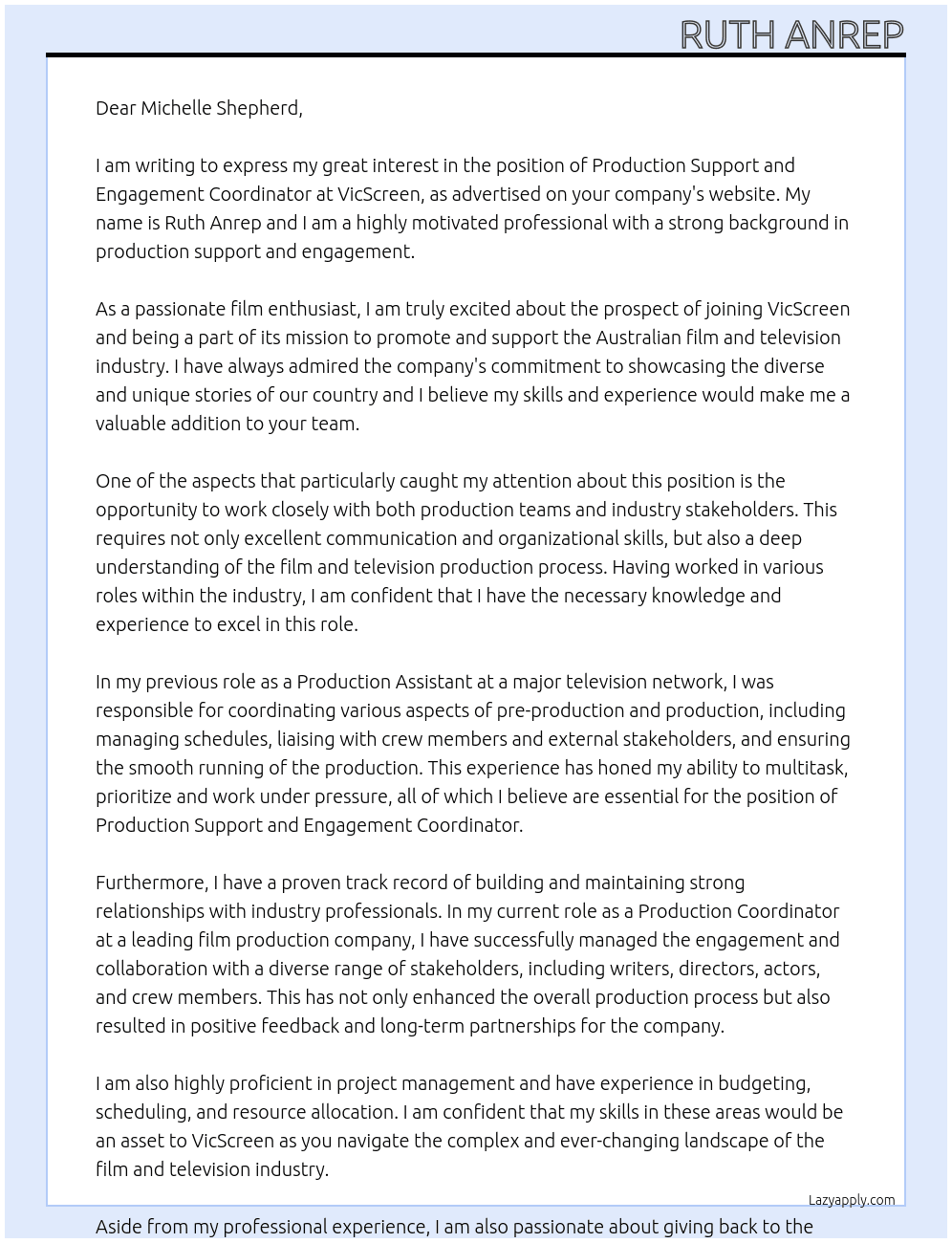 Production Support and Engagement Coordinator At VicScreen Cover Letter