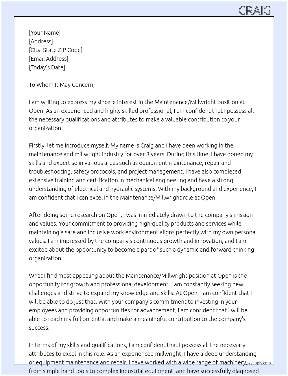 Maintenance/Millwright At Open Cover Letter
