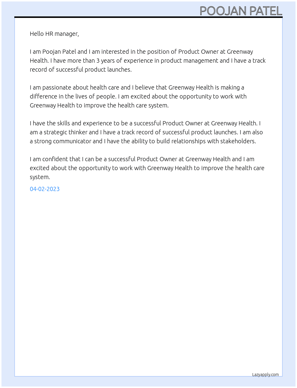 Product Owner At Greenway Health Cover Letter