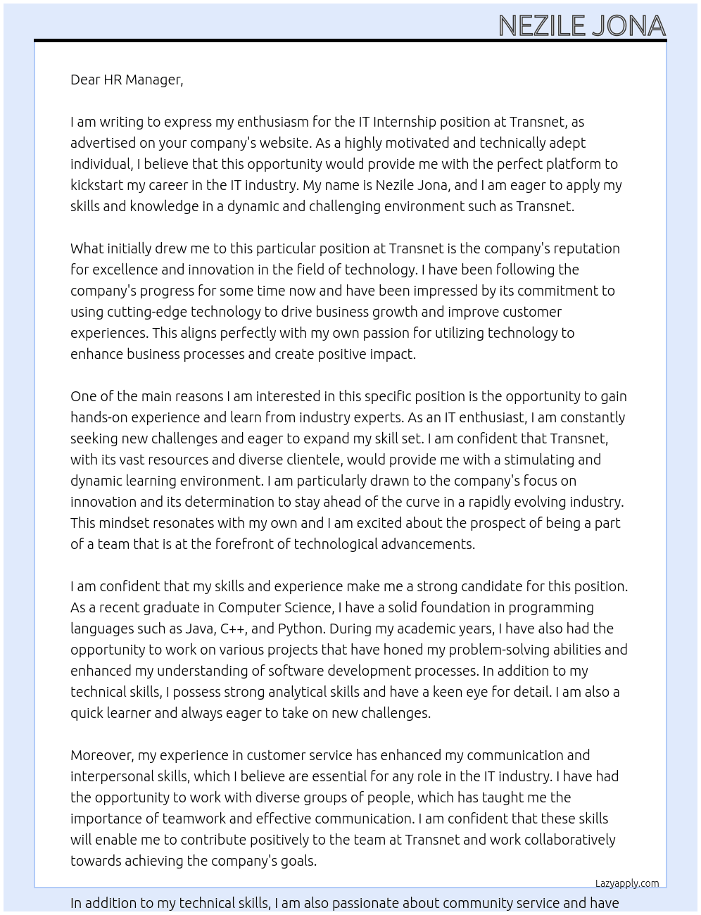 IT Internship  At Transnet Cover Letter