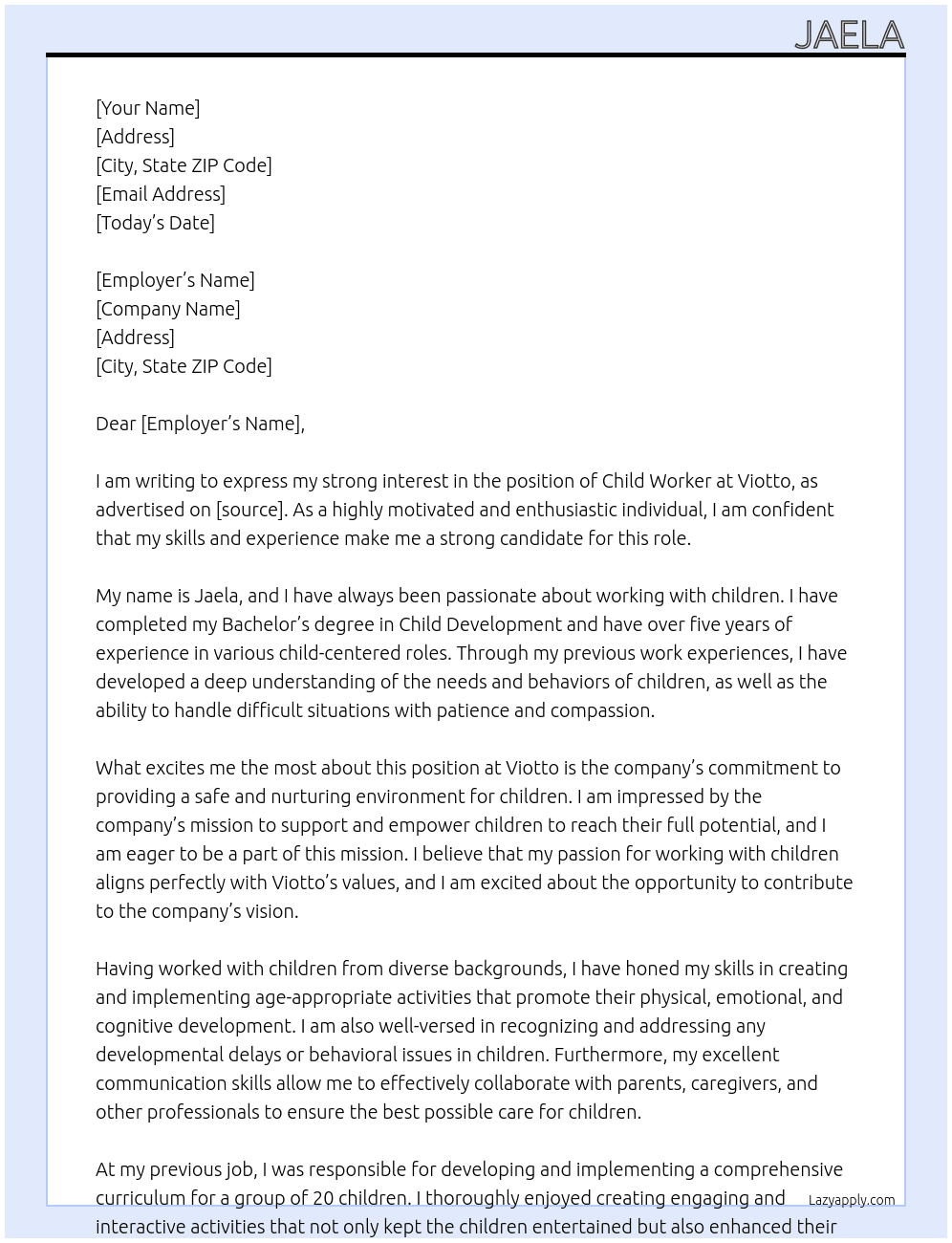 Child Worker  At Viotto Cover Letter