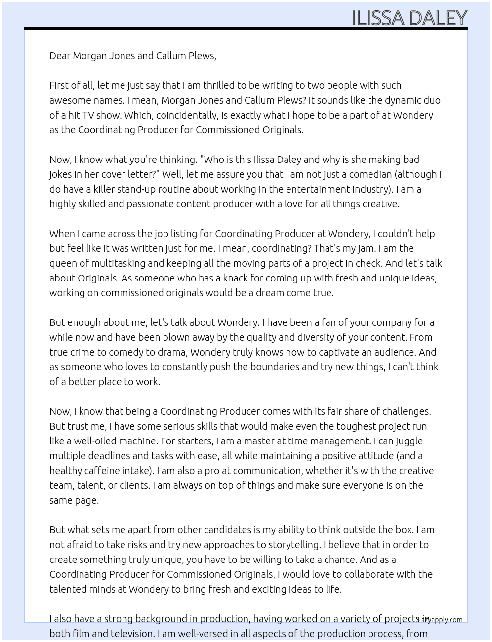 Coordinating Producer, Commissioned Originals At Wondery Cover Letter